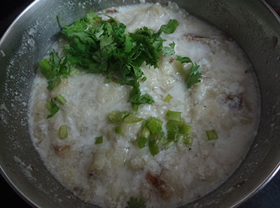 green chili and coriander leaves for sutta badanekayi mosaru bajji