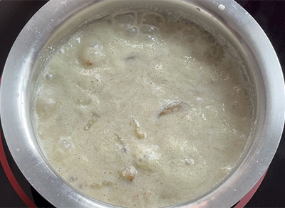 boiling balekai mosaru kootu or raw banana majjige huli recipe