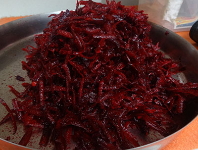 grated beetroot for beetroot palya or beetroot stir fry