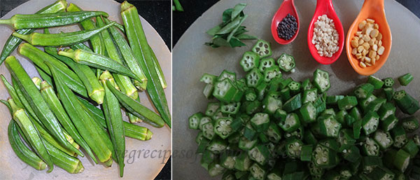 wash and cut ladies finger for bendekayi palya or bhindi fry