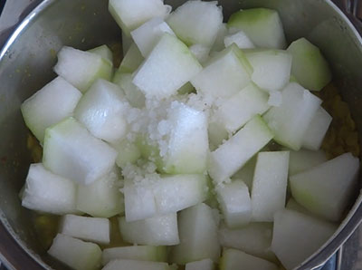 chopped ash gourd for kumbalakai huli or ash gourd sambar