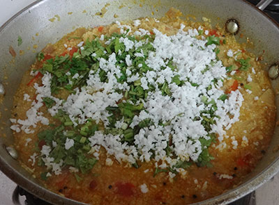 coconut and coriander leaves for godhi kadi uppittu or broken wheat upma