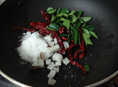 roasting coconut and curry leaves for agase chutney pudi or flax seeds chutney powder