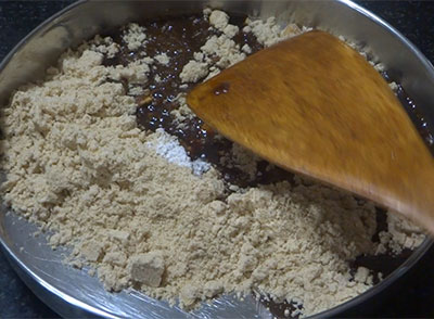 roasted flour and jaggery syrup for godhi hittina unde or wheat flour ladoo