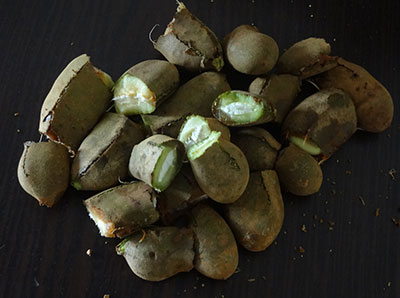 cut raw tamarind for hunasekai thokku or hunase thokku