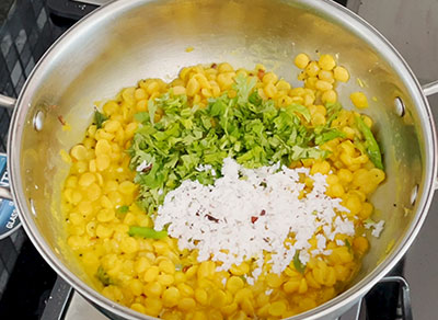 coriander leaves and grated coconut for kadale bele usli or chana dal sundal