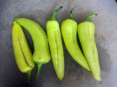 slit bajji chillis and deseed for menasinakayi bajji