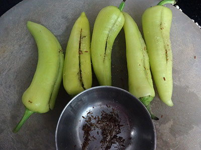 stuffing menasinakayi bajji before frying