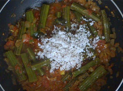 grated coconut for nuggekai palya or drumstick stir fry