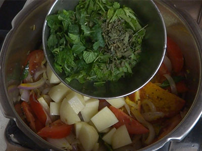 coriander leaves, mint leaves and methi leaves for potato rice or aloo rice