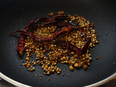 roasting spices for Karnataka style puliyogare or tamarind rice