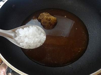 tamarind, salt and jaggery for Bangalore style puliyogare or tamarind rice