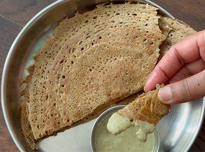 serving ragi hesaru bele or mung dal dosa