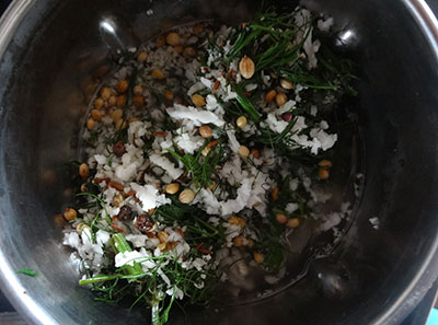 fried ingredients for sabbassige soppu saaru or rasam