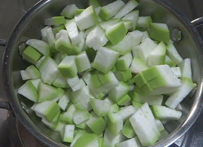 Chopped bottle gourd for sorekai palya or bottle gourd stir fry