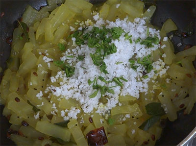 coconut and coriander leaves for southekai palya or cucumber stir fry