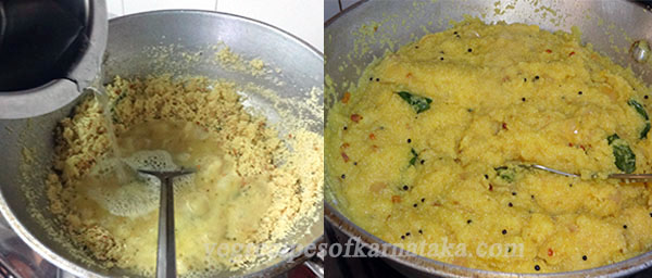 adding water to the rava to make rave uppittu or rava upma